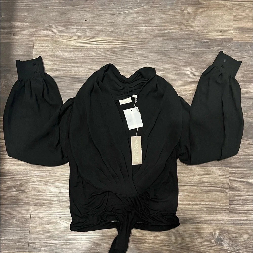 🆕 EVA Mendes Bodysuit Sheer Long Sleeve Loose Open V Neck Snap Crotch - Picture 2 of 5